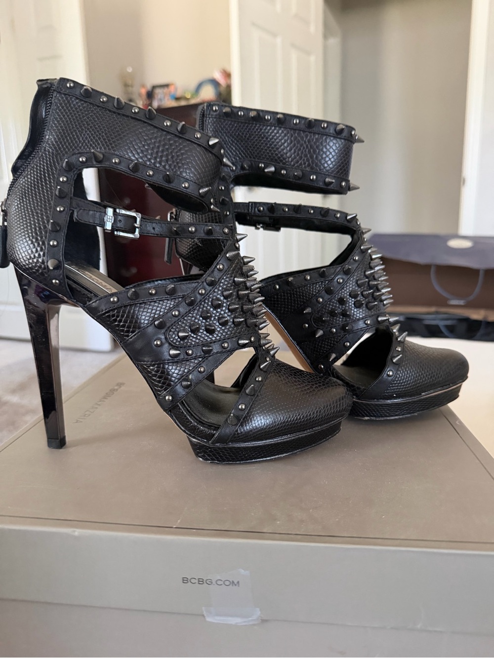 BCBG Black Studded Spike Cutout Platform Heels
